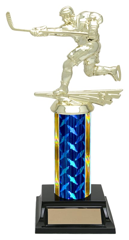 Diamond Plate hockey column trophy, whole trophy shown with base and engraving plate, sizes 9½