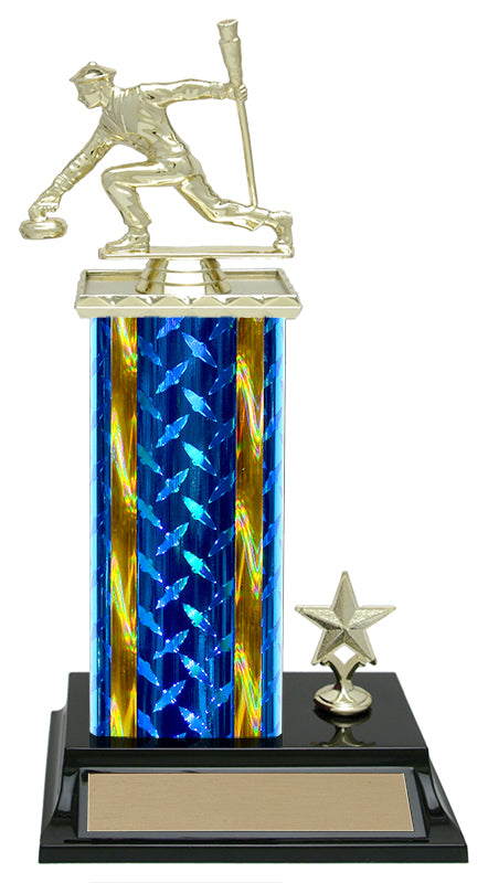 Diamond Plate curling column trophy, whole trophy shown with base and engraving plate, sizes 11½