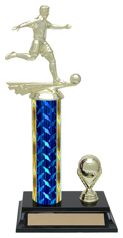 Diamond Plate soccer column trophy, whole trophy shown with base and engraving plate, sizes 11½