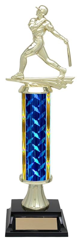 Diamond Plate baseball column trophy, whole trophy shown with base and engraving plate, sizes 12½
