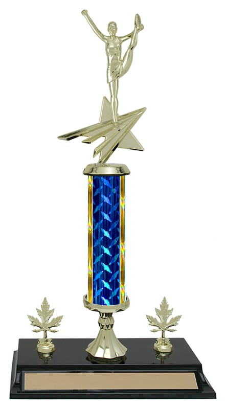 Diamond Plate gymnastics column trophy, whole trophy shown with base and engraving plate, sizes 15½