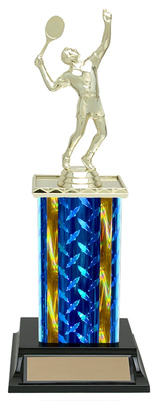 Diamond Plate tennis column trophy, whole trophy shown with base and engraving plate, sizes 11