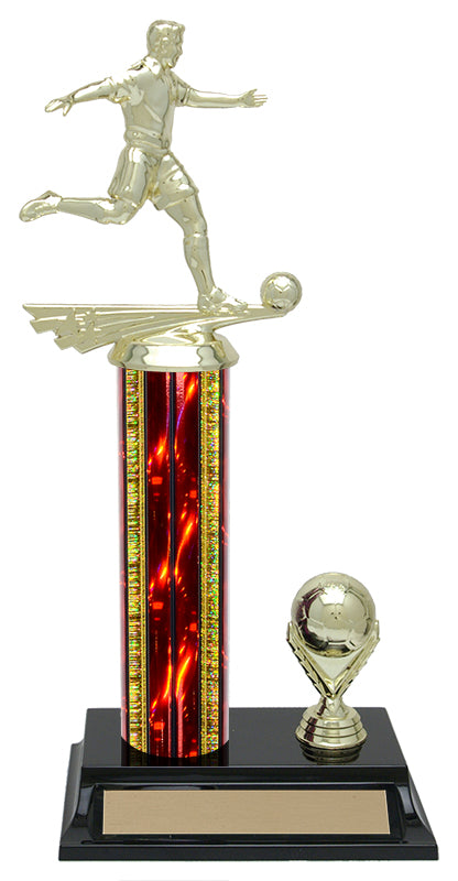 Lightning soccer column trophy, whole trophy shown with base and engraving plate, sizes 11½