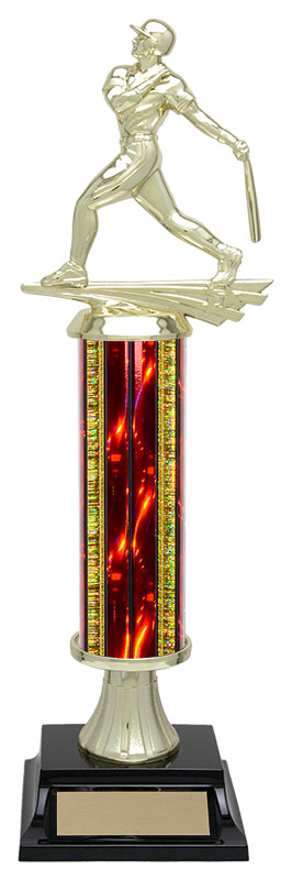 Lightning baseball column trophy, whole trophy shown with base and engraving plate, sizes 12½