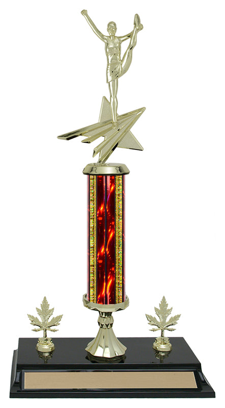 Lightning gymnastics column trophy, whole trophy shown with base and engraving plate, sizes 15½