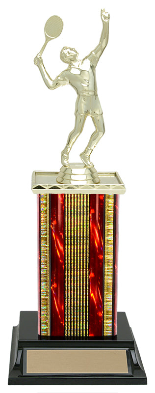 Lightning tennis column trophy, whole trophy shown with base and engraving plate, sizes 11