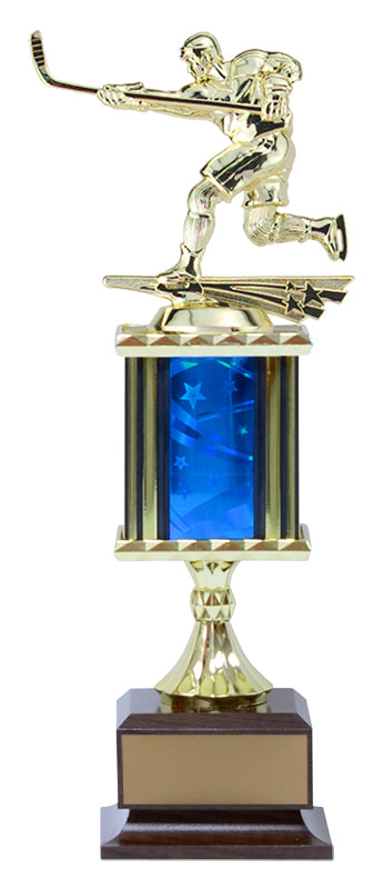 Ribbon Star Single Post Column Trophy shown whole with base and engraving plate, sizes 12¾