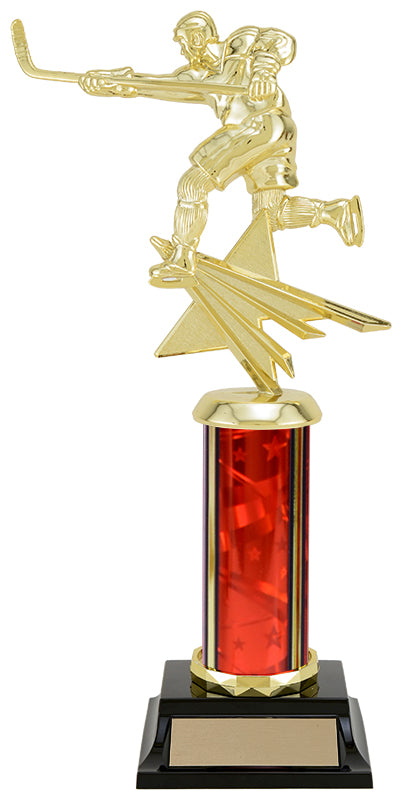 Ribbon Star hockey star riser column trophy, whole trophy shown with base and engraving plate, sizes 9½