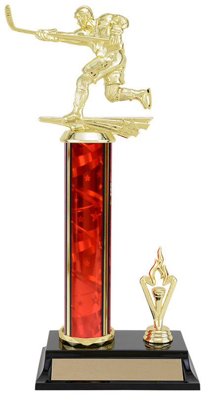 Ribbon Star hockey shooter column trophy, whole trophy shown with base and engraving plate, sizes 11½