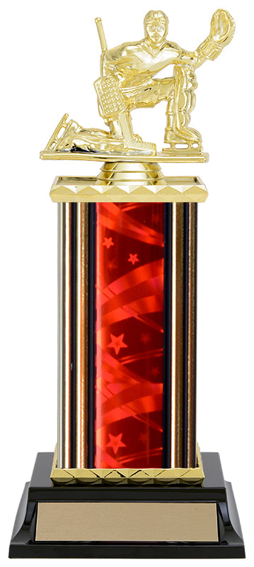 Ribbon Star hockey goalie column trophy, whole trophy shown with base and engraving plate, sizes 11
