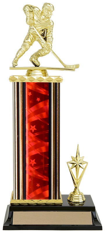 Ribbon Star hockey skater column trophy, whole trophy shown with base and engraving plate, sizes 11½