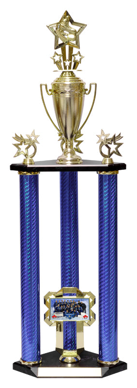 Carbon Fiber 3 Post Set Small Column Trophy shown whole with base and engraving plate, sizes 28