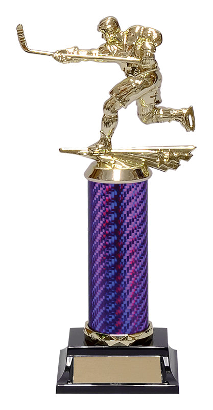 Carbon fiber column trophy with a purple column, gold hockey player figure and black base, shown for the 8 inch to 9 inch sizes