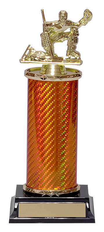 Carbon fiber column trophy with an orange column, gold hockey goalie figure and black base, shown for the 10 inch to 11 inch sizes