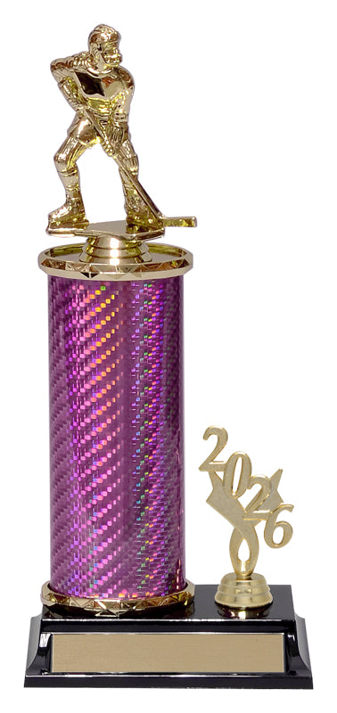 Carbon fiber column trophy with a pink column, gold hockey player figure and year-date trim on a two-hole base, shown for the 12 inch to 13 inch sizes