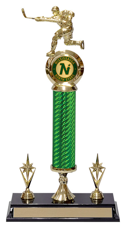 Carbon fiber column trophy with a green column, gold hockey player figure, insert holder and two star trims on a three-hole base, shown for the 14 inch to 16 inch sizes
