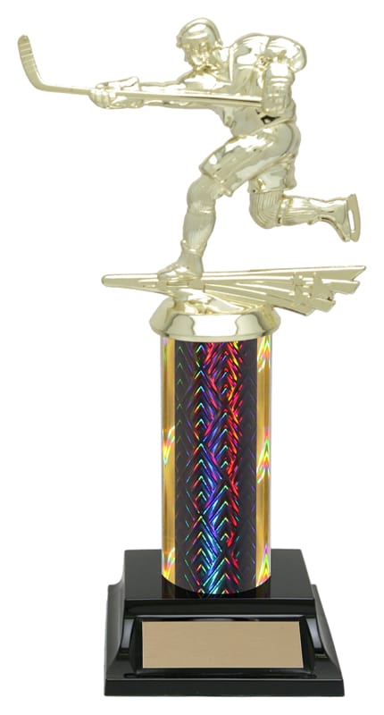 Dragonscale hockey column trophy, whole trophy shown with base and engraving plate, sizes 9½
