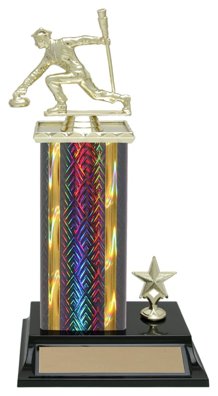 Dragonscale curling column trophy, whole trophy shown with base and engraving plate, sizes 11½