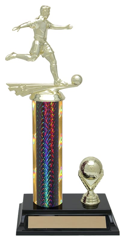 Dragonscale soccer column trophy, whole trophy shown with base and engraving plate, sizes 11½