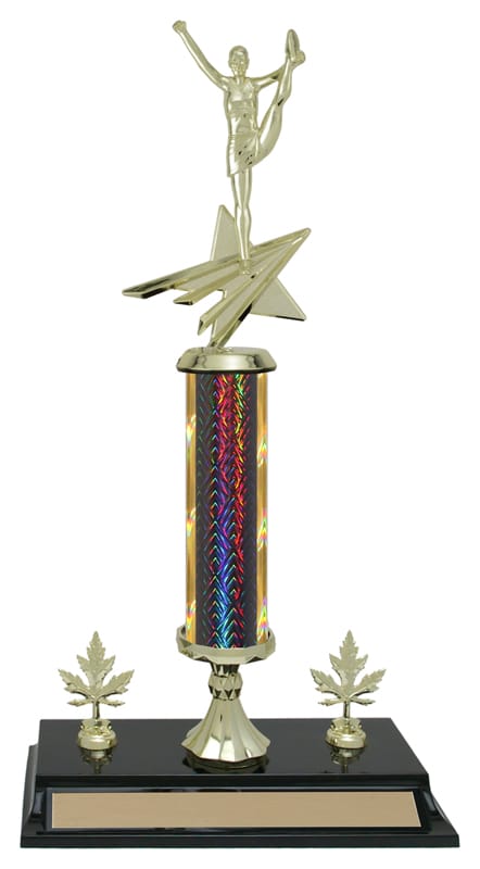 Dragonscale gymnastics column trophy, whole trophy shown with base and engraving plate, sizes 15½