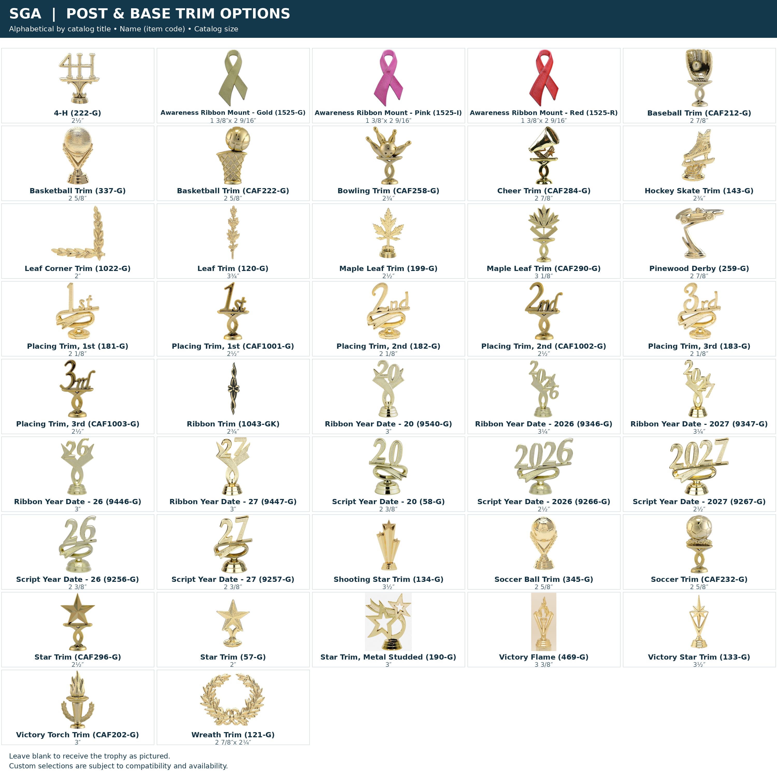 Post and base trim options: alphabetical catalog names, item codes and sizes