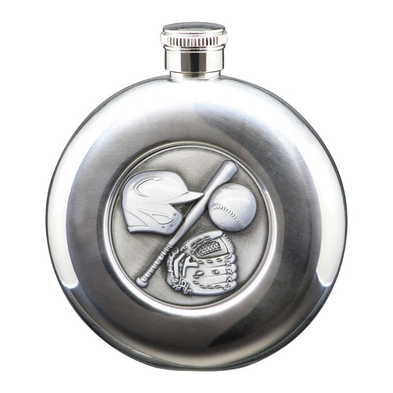 5 oz Flask, Stainless Steel Round Baseball, Antique Silver – main view