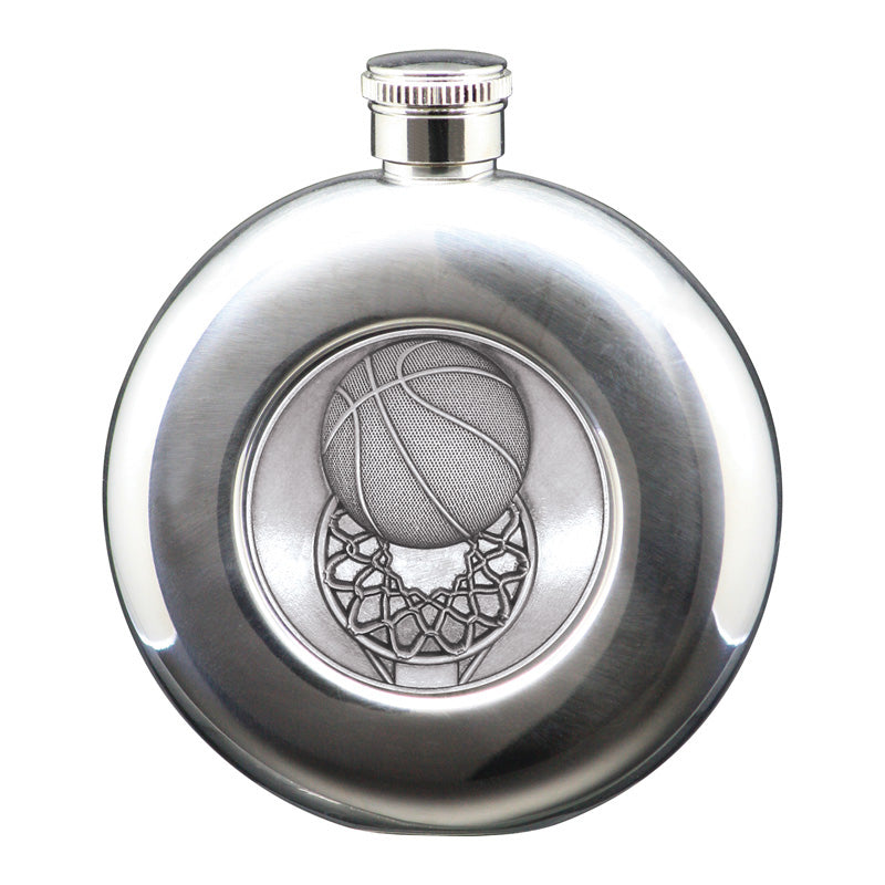 5 oz Flask, Stainless Steel Round Basketball, Antique Silver – main view
