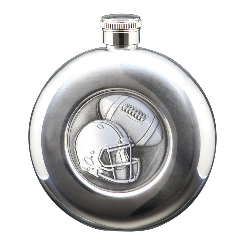5 oz Flask, Stainless Steel Round Football, Antique Silver – main view