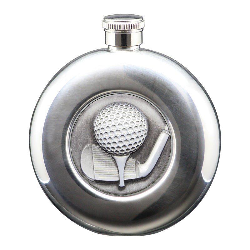 5 oz Flask, Stainless Steel Round Golf, Antique Silver – main view