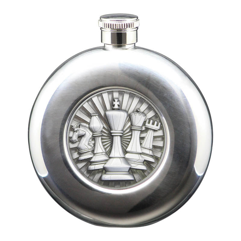 5 oz Flask, Stainless Steel Round Chess, Antique Silver – main view