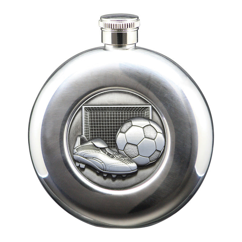 5 oz Flask, Stainless Steel Round Soccer, Antique Silver – main view