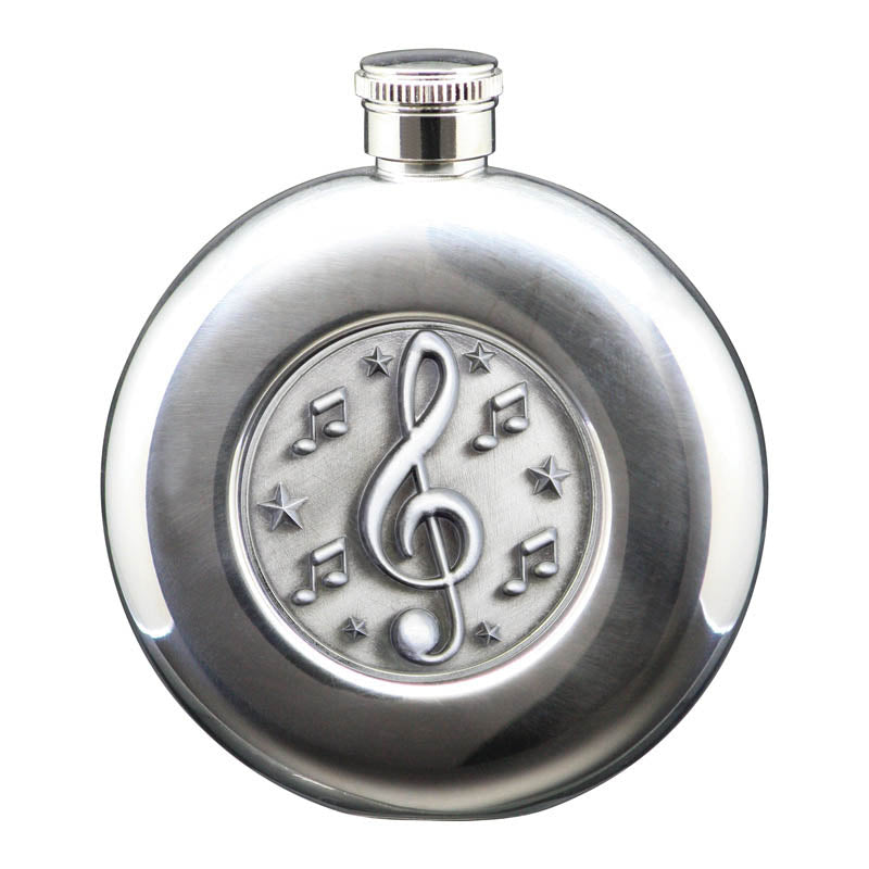5 oz Flask, Stainless Steel Round Music, Antique Silver – main view