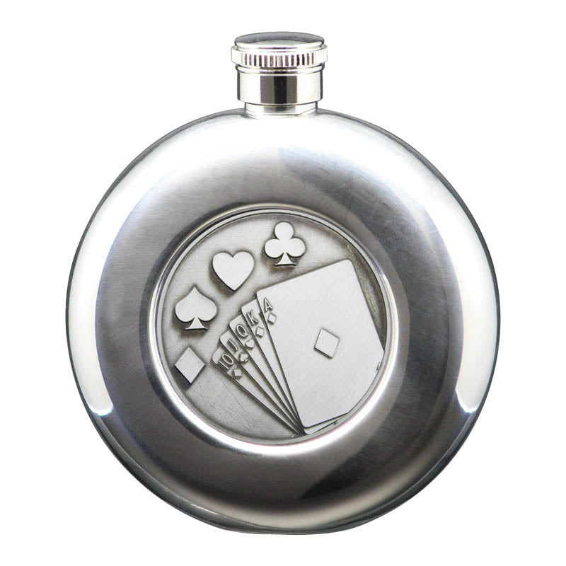 5 oz Flask, Stainless Steel Round Poker, Antique Silver – main view