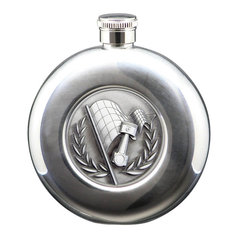 5 oz Flask, Stainless Steel Round Motorposrts, Antique Silver – main view