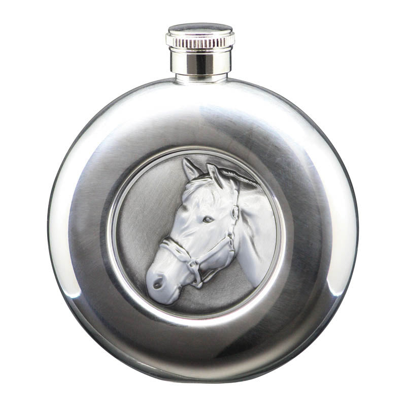 5 oz Flask, Stainless Steel Round Horse, Antique Silver – main view