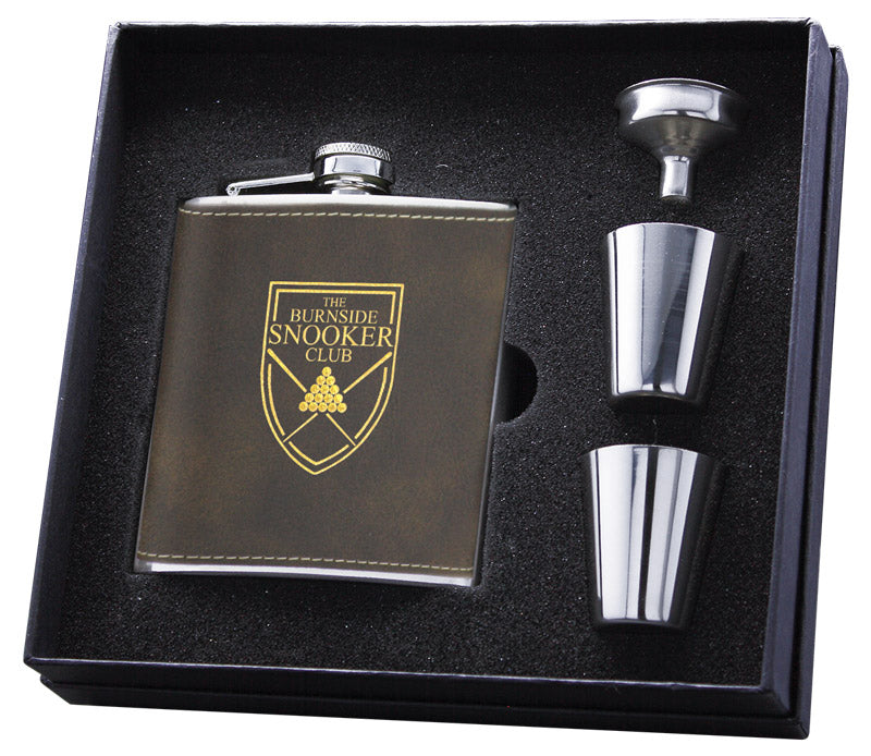 6 OZ Flask Gift SET Dark Brown Engraves