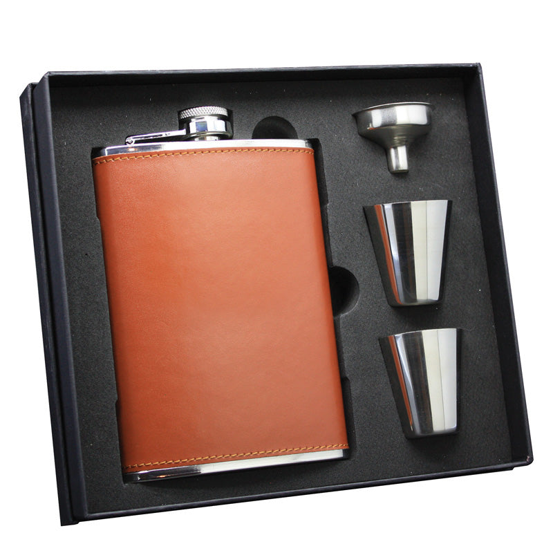 8 OZ Flask Gift SET Brown Leatherette