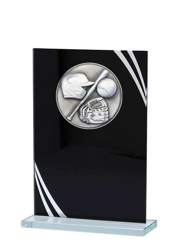 Baseball Stand-up Plaque, Black and Silver Glass Award – main view