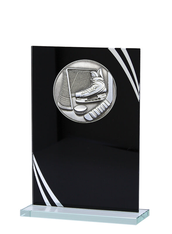 Hockey Stand-up Plaque, Black and Silver Glass Award – main view