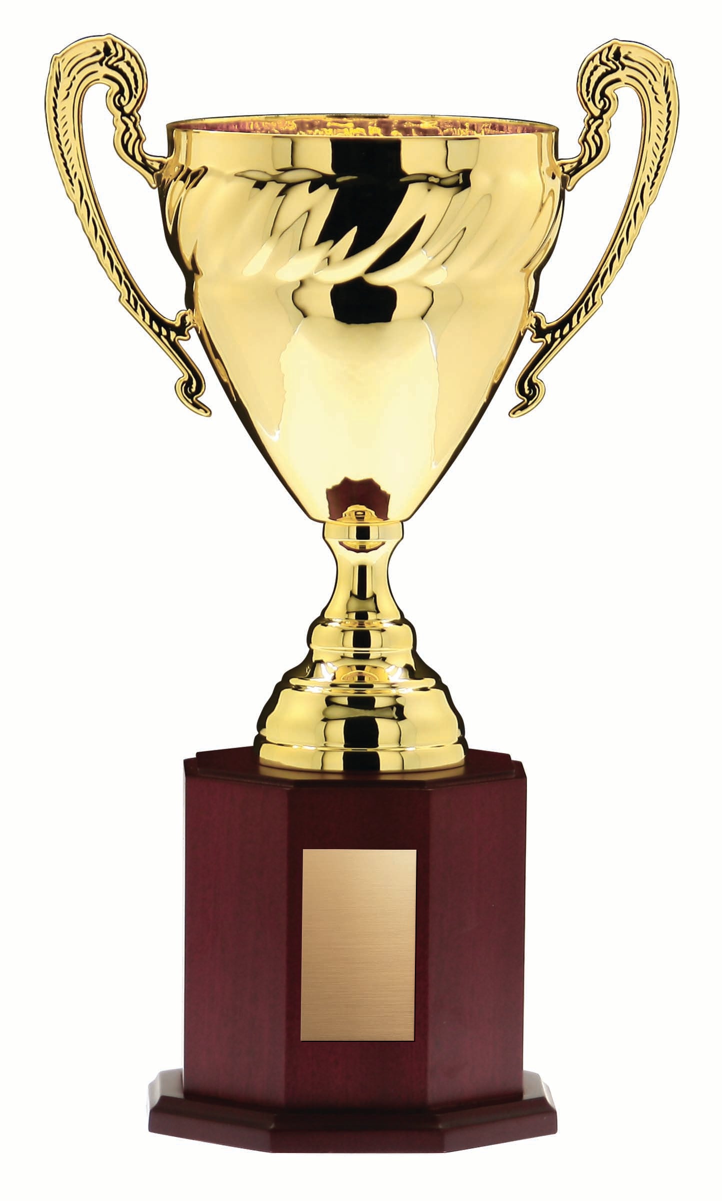 Gold Cup with Handles on Tall Mahogany Finish Wood Base, 17 1/2