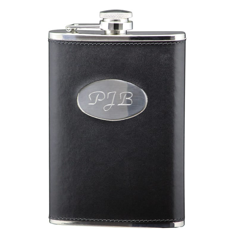 8 oz Flask, Stainless Steel Black Leatherette with Oval Insert