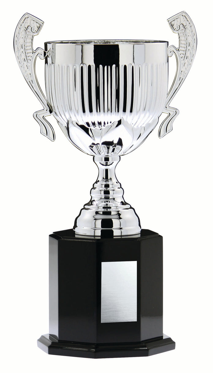 Silver Cup with Handles on Tall Black Wood Base, 17
