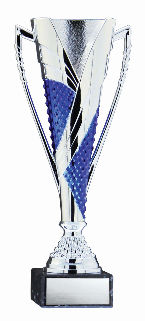 Fire & Ice Series Plastic Trumpet Cup with Riser on Marble Base, Silver / Blue – main view
