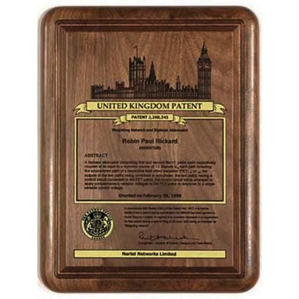 Solid Walnut United Kingdom Patent plaque