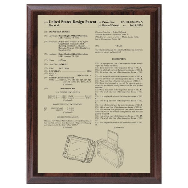 Front Page gold on Cherrywood USA Design Patent plaque
