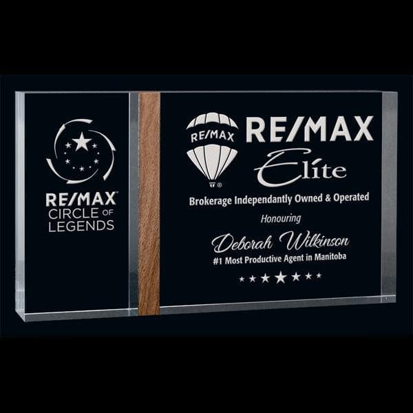 Beaver clear acrylic award on solid walnut 5–7 inch