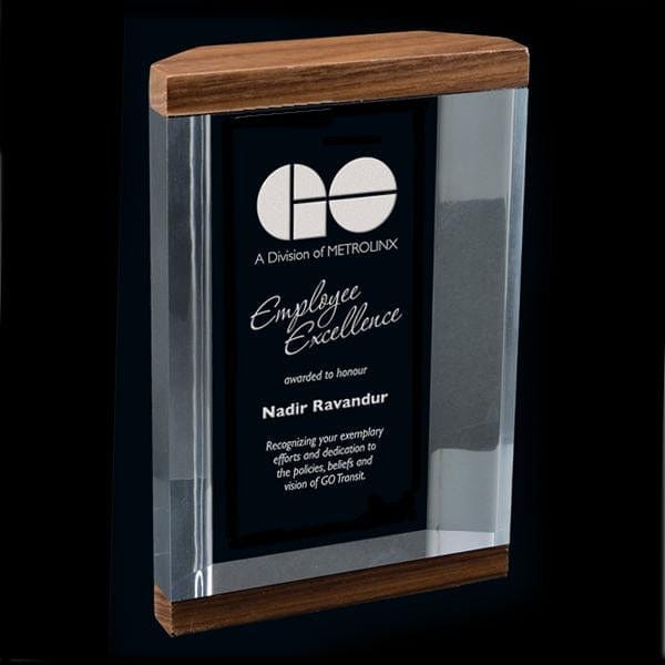 Mackinac clear acrylic award on solid walnut 4–6 inch