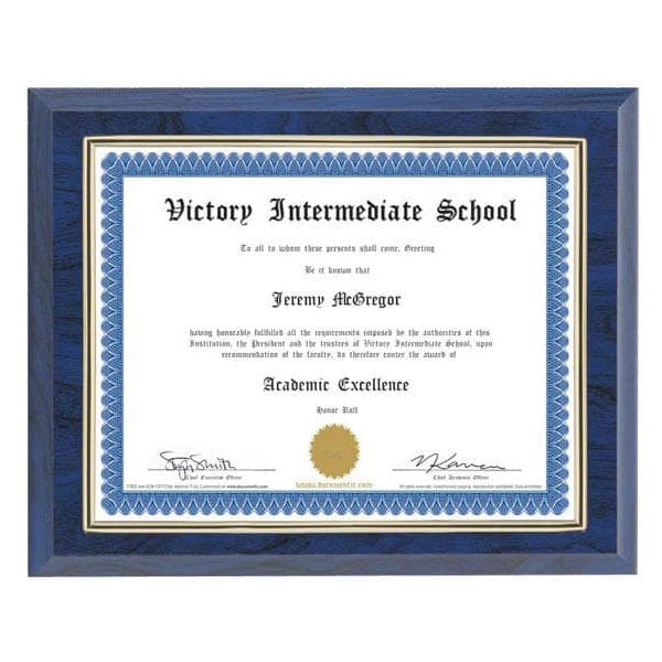 Certificate frame plaque, 10.5 x 13 inch, holds 8.5 x 11 document, 7 finishes