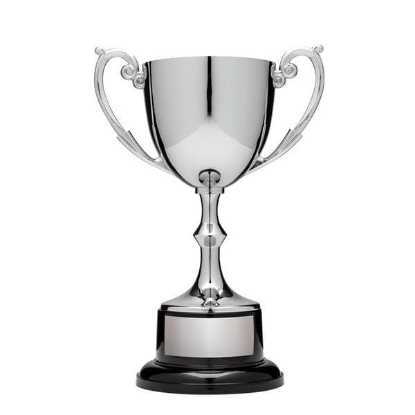 Nickel Plated silver cup on Round black base 9 1/4–14 inch