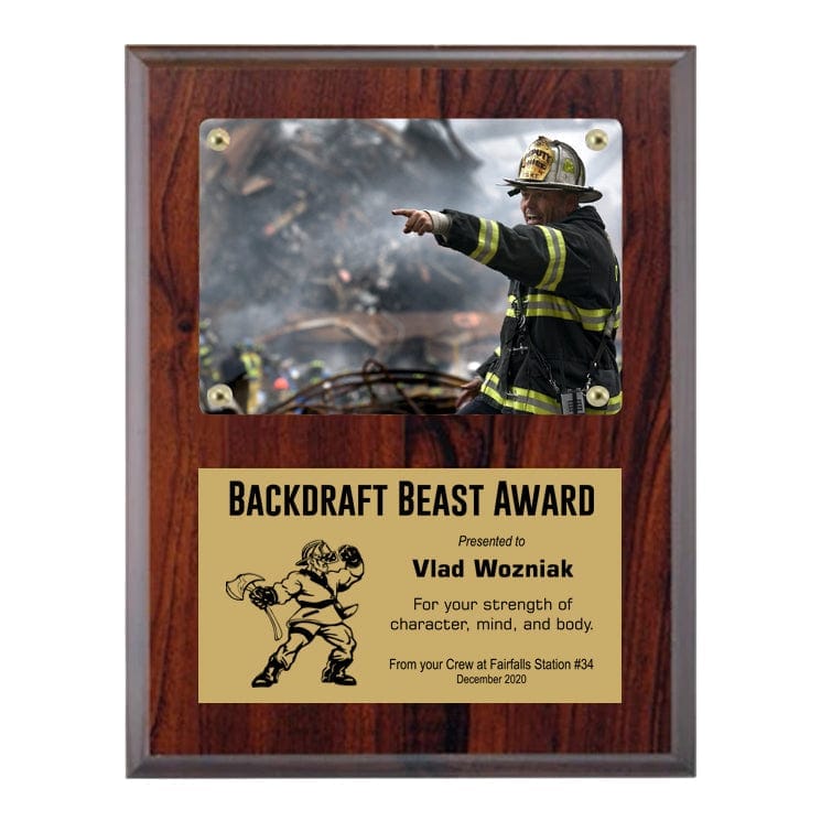Firefighter cherrywood plaque, 7 x 9 inch, holds 3 1/2 x 5 photo